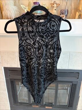 SHEIN Black Floral Velvet Burnout Mesh Bodysuit